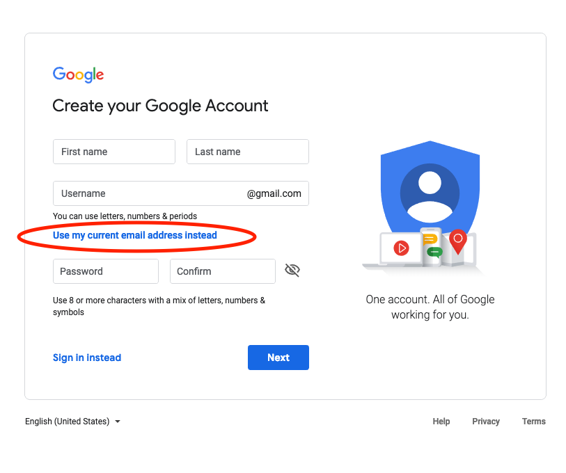 create your google account with a work email address